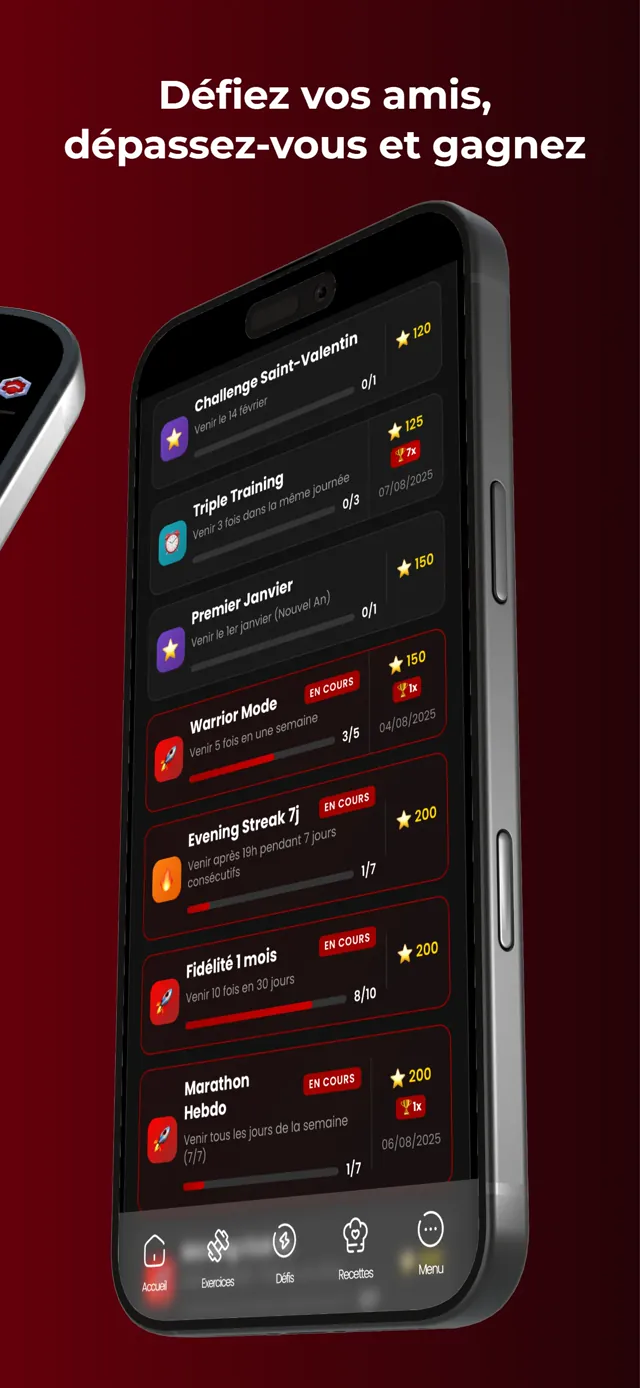 Écran des challenges de l'application PowerLoxx