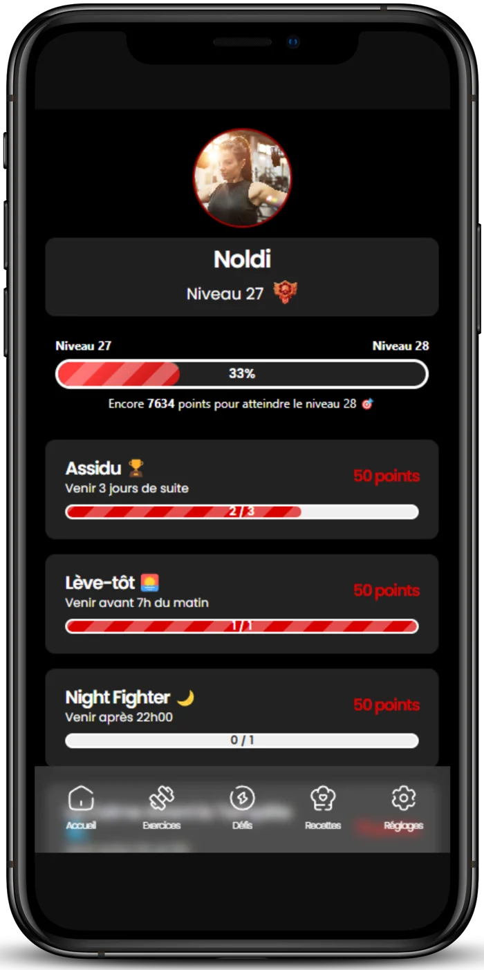 Écran des défis de l’app PowerLoxx