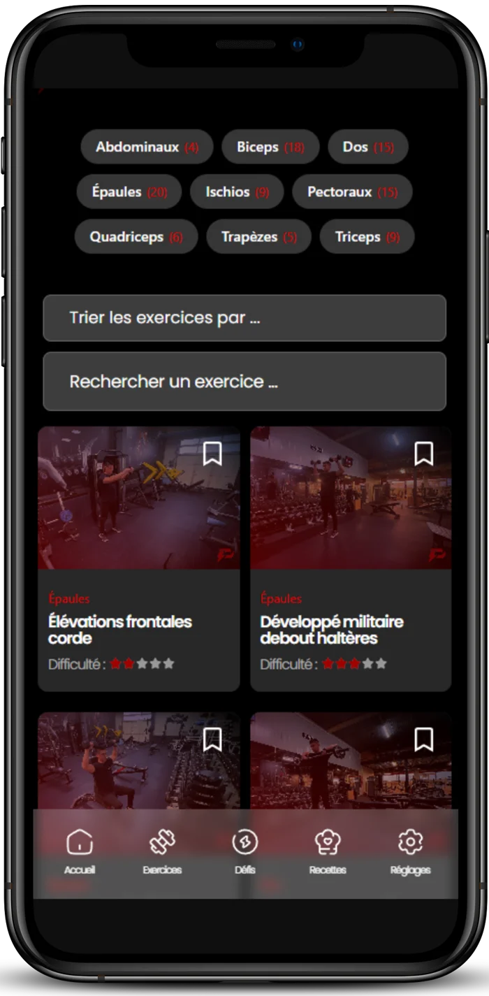 Écran des exercices de l’app PowerLoxx